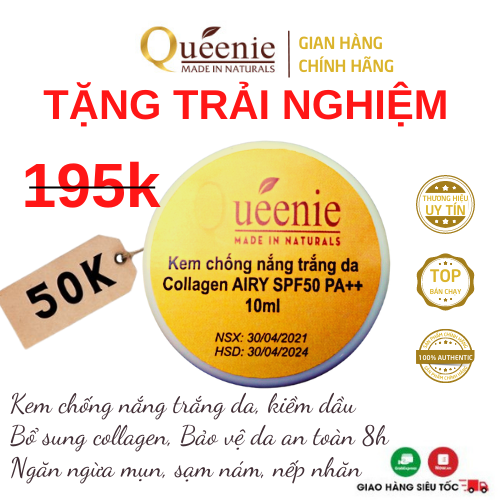 Kem chống nắng dưỡng trắng da Queenie bổ sung Collagen trải nghiệm 10ml -Airy - Mỹ phẩm Hàn Quốc